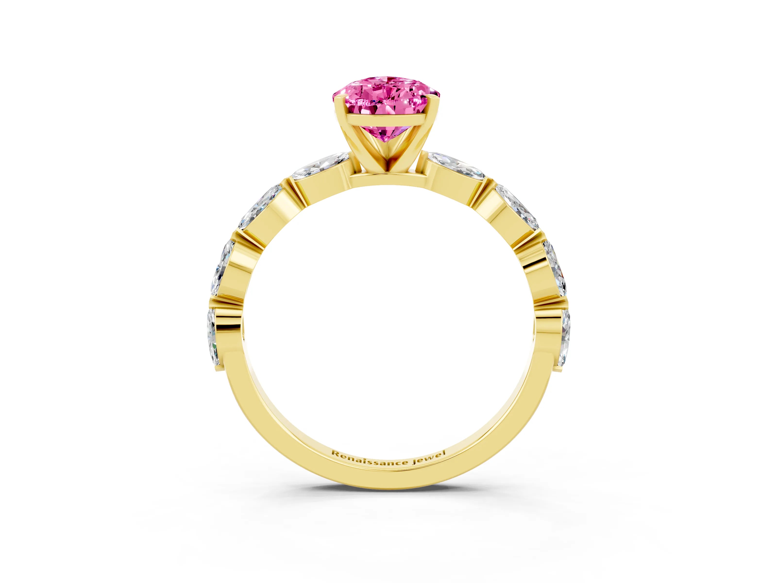 Yellow gold Pear Cut Pink Sapphire Ring with Marquise Side Stones and Prong Setting_15