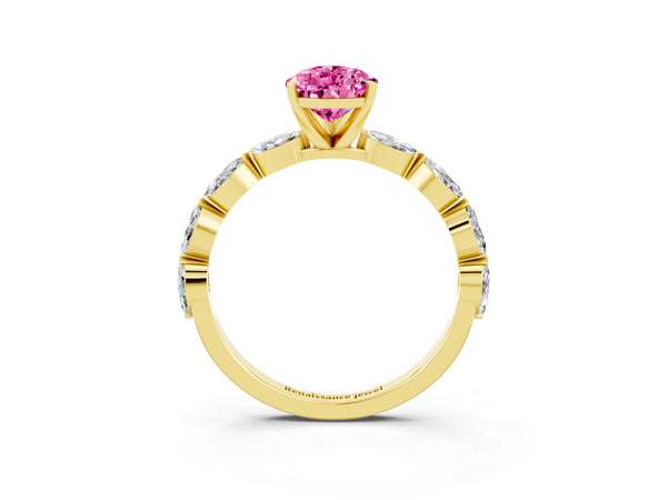 Yellow gold Pear Cut Pink Sapphire Ring with Marquise Side Stones and Prong Setting