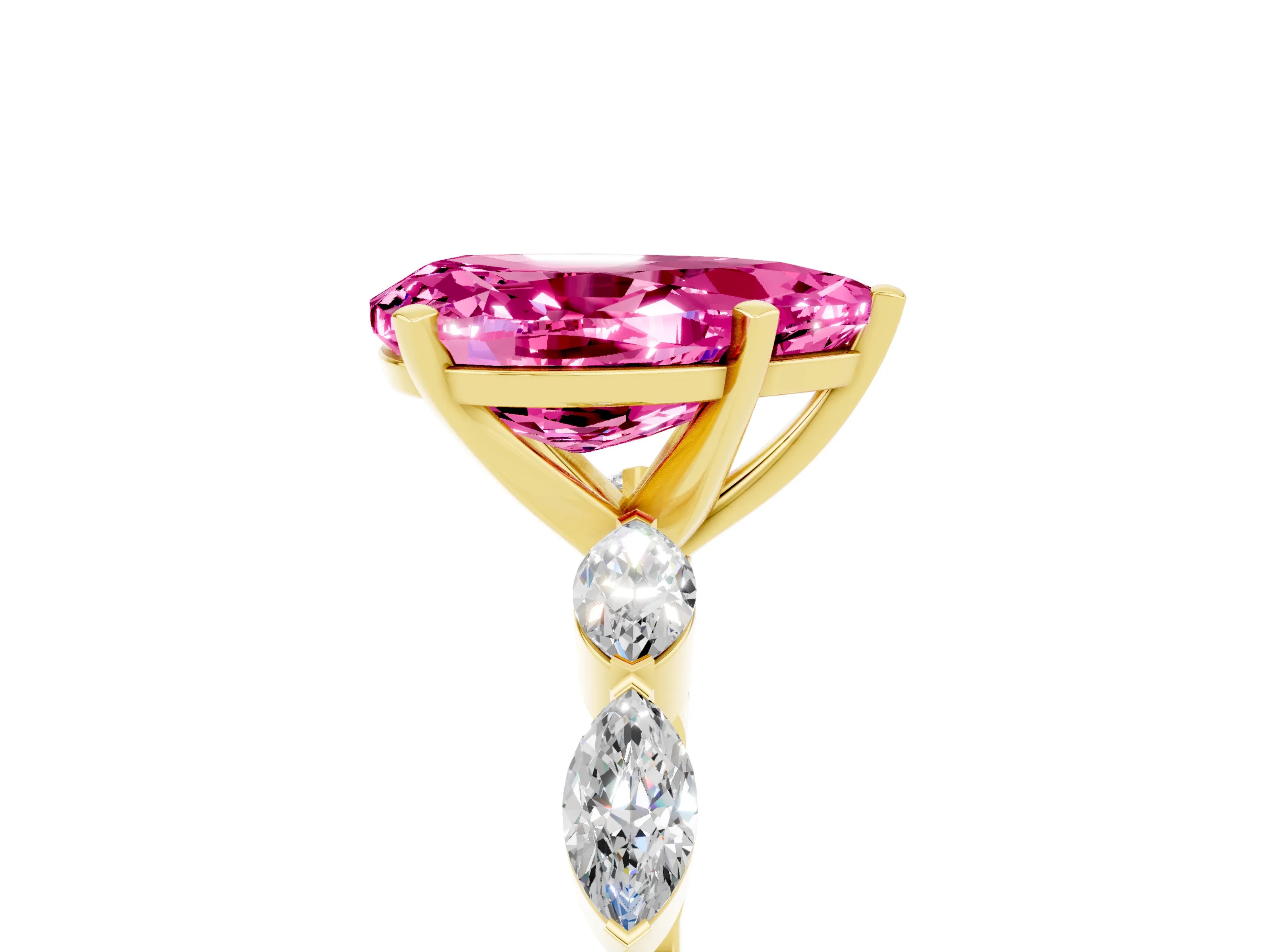 Yellow gold Pear Cut Pink Sapphire Ring with Marquise Side Stones and Prong Setting_17