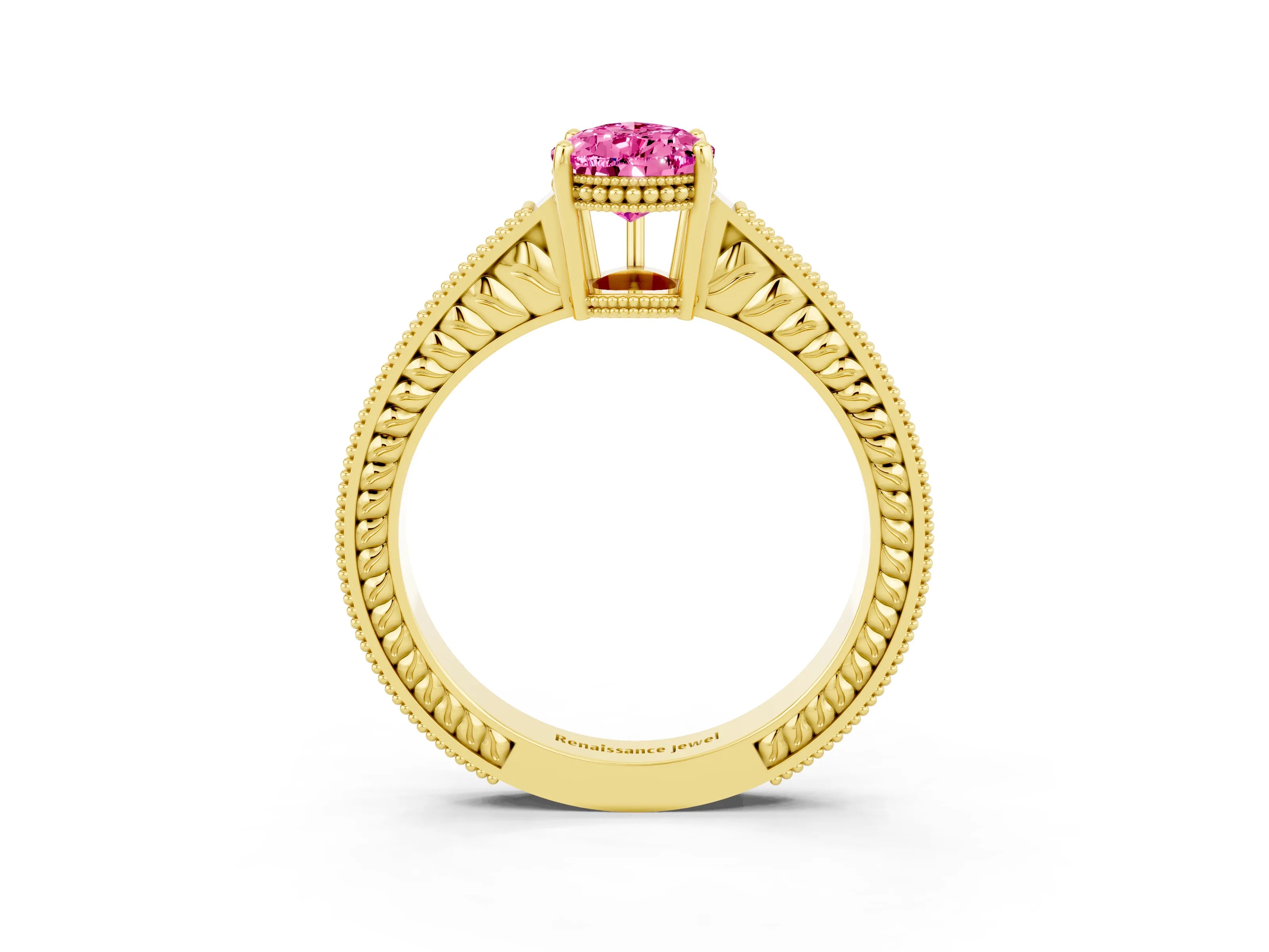 Yellow gold Pear Cut Pink Sapphire Ring with Milgrain Pavé Band and Four-Prong Setting_39