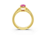 Yellow gold Pear Cut Pink Sapphire Ring with Milgrain Pavé Band and Four-Prong Setting_39