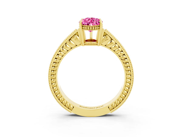 Yellow gold Pear Cut Pink Sapphire Ring with Milgrain Pavé Band and Four-Prong Setting