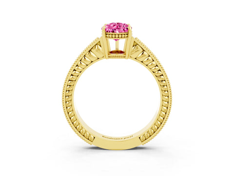 Yellow gold Pear Cut Pink Sapphire Ring with Milgrain Pavé Band and Four-Prong Setting_39