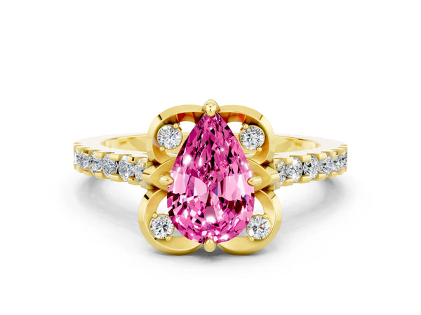 Yellow gold Pear Cut Pink Sapphire Ring with Pavé Band and Floral Prong Setting