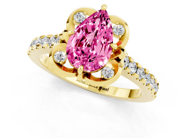 Yellow gold Pear Cut Pink Sapphire Ring with Pavé Band and Floral Prong Setting