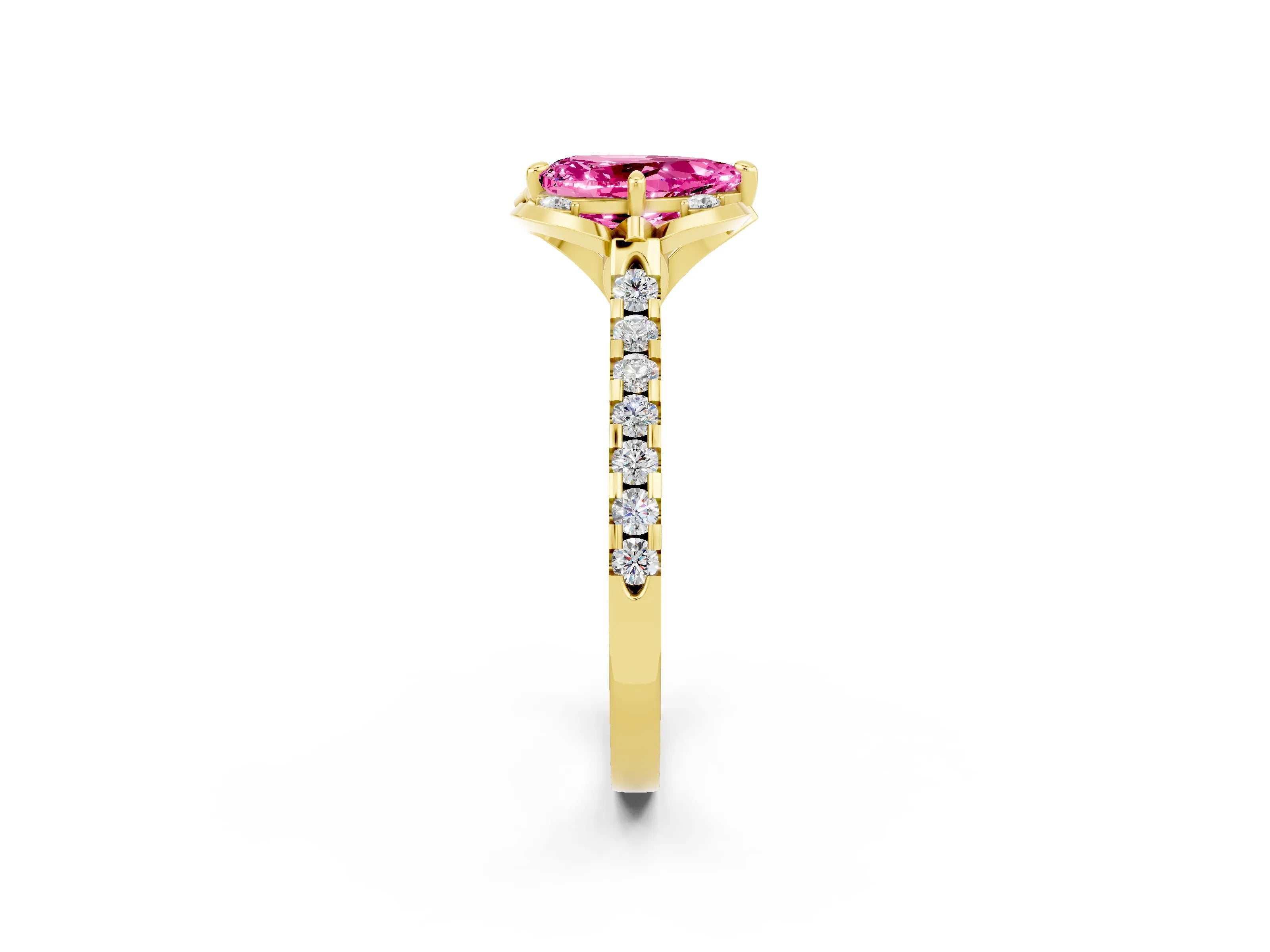 Yellow gold Pear Cut Pink Sapphire Ring with Pavé Band and Floral Prong Setting_2
