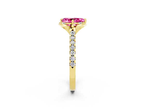 Yellow gold Pear Cut Pink Sapphire Ring with Pavé Band and Floral Prong Setting