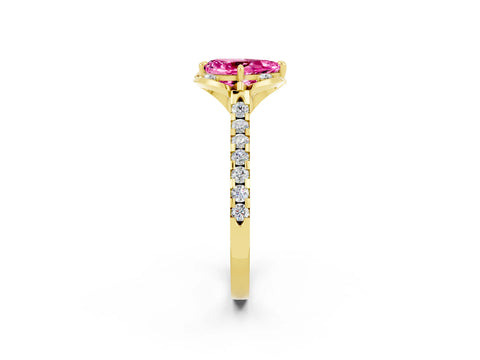 Yellow gold Pear Cut Pink Sapphire Ring with Pavé Band and Floral Prong Setting_2