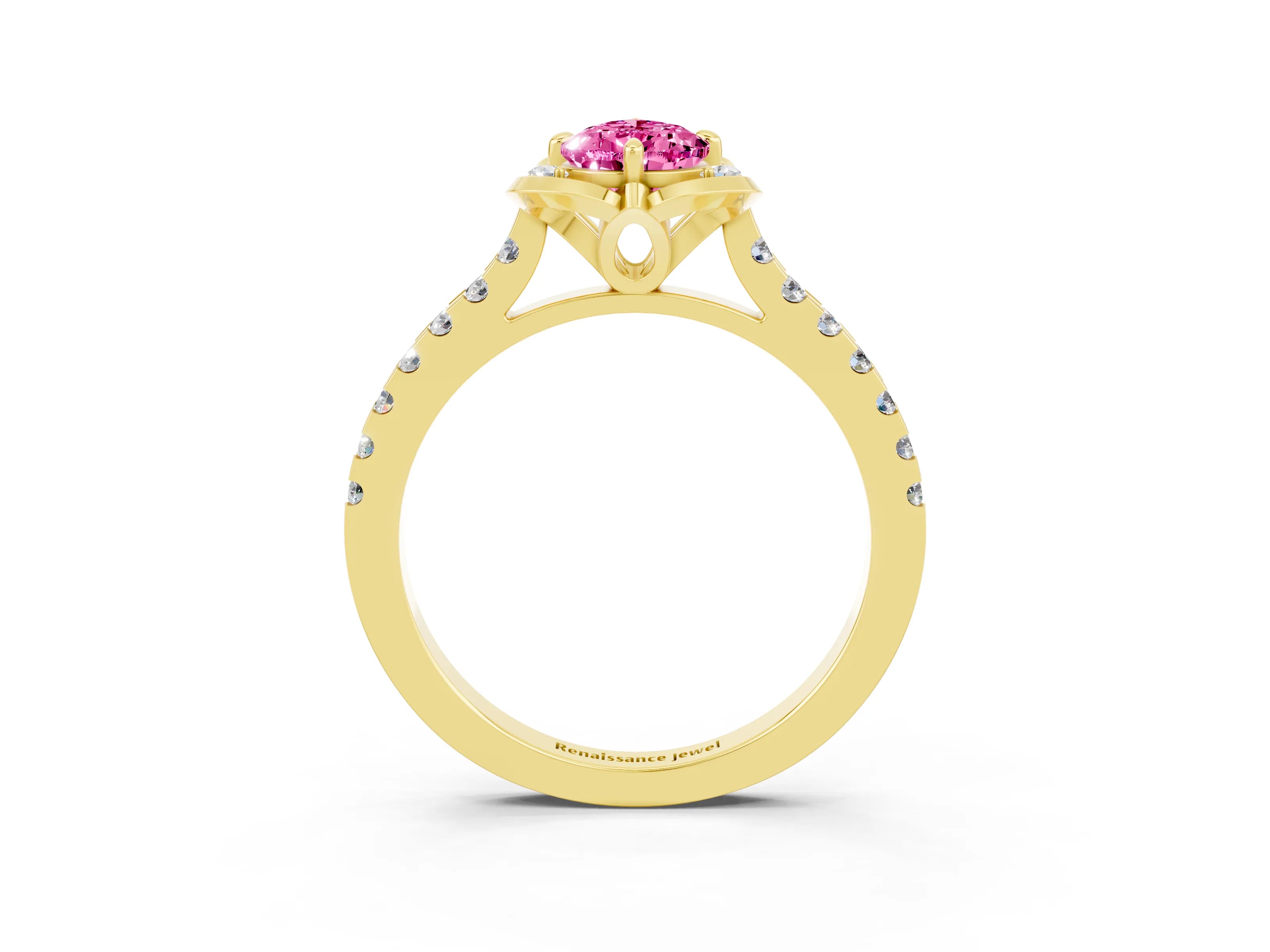 Yellow gold Pear Cut Pink Sapphire Ring with Pavé Band and Floral Prong Setting_3