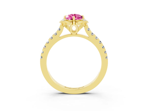 Yellow gold Pear Cut Pink Sapphire Ring with Pavé Band and Floral Prong Setting