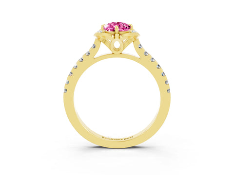 Yellow gold Pear Cut Pink Sapphire Ring with Pavé Band and Floral Prong Setting_3