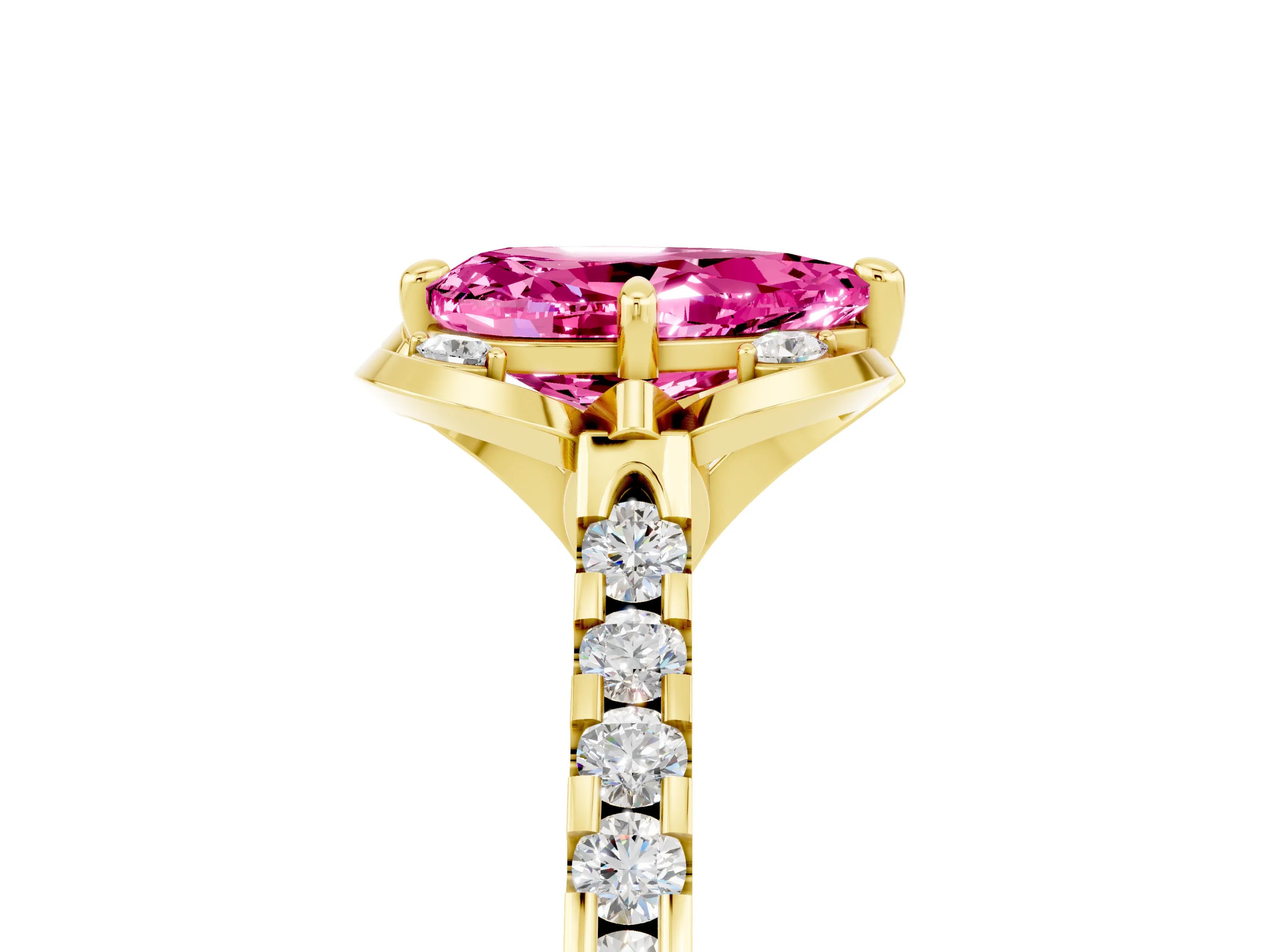 Yellow gold Pear Cut Pink Sapphire Ring with Pavé Band and Floral Prong Setting_5