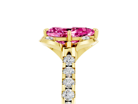 Yellow gold Pear Cut Pink Sapphire Ring with Pavé Band and Floral Prong Setting_5