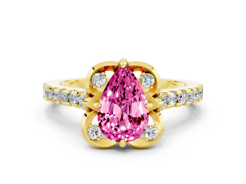 Yellow gold Pear Cut Pink Sapphire Ring with Pavé Band and Floral Prong Setting