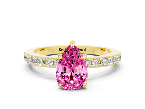 Yellow gold Pear Cut Pink Sapphire Ring with Pavé Band and Four-Prong Setting_24