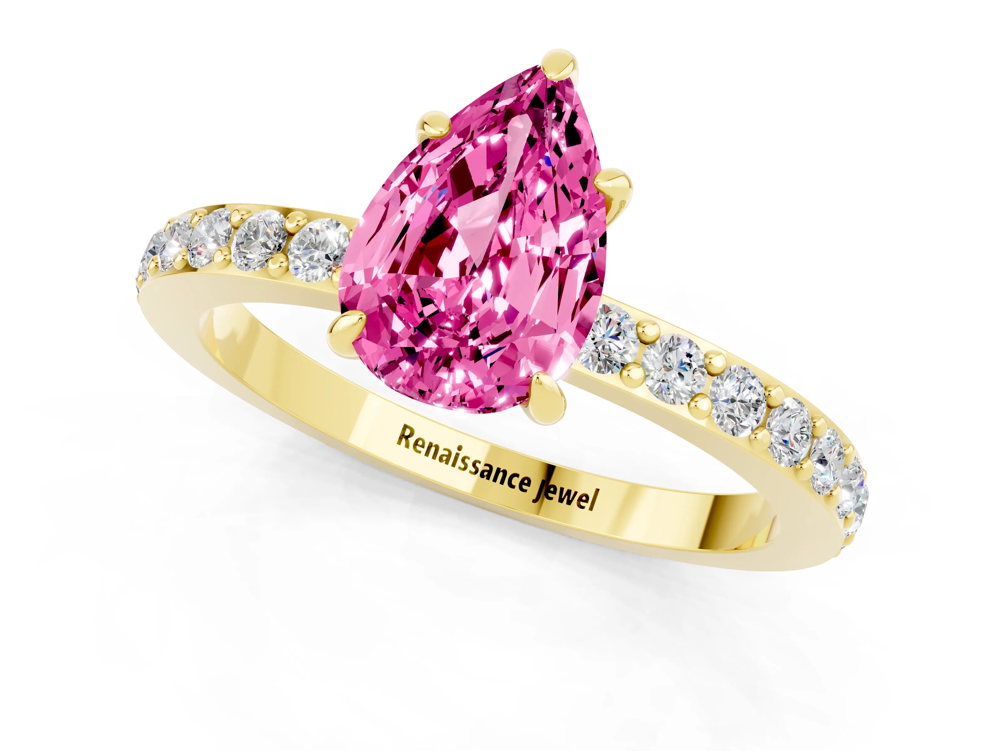 Yellow gold Pear Cut Pink Sapphire Ring with Pavé Band and Four-Prong Setting_25