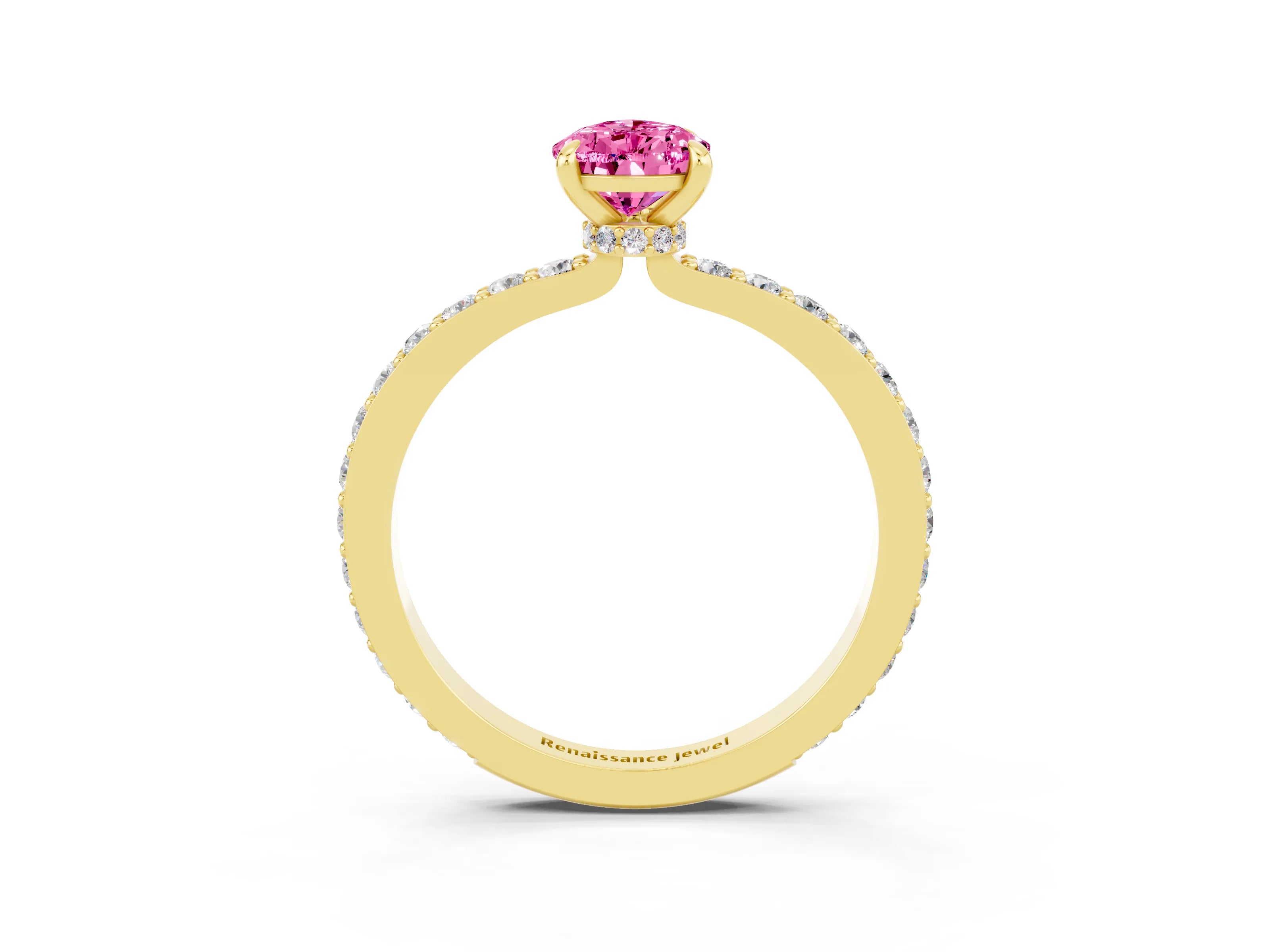 Yellow gold Pear Cut Pink Sapphire Ring with Pavé Band and Four-Prong Setting_27