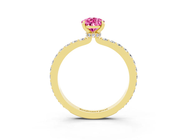 Yellow gold Pear Cut Pink Sapphire Pavé Engagement Ring with Round  Accents and Prong Setting