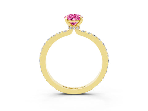 Yellow gold Pear Cut Pink Sapphire Ring with Pavé Band and Four-Prong Setting_27