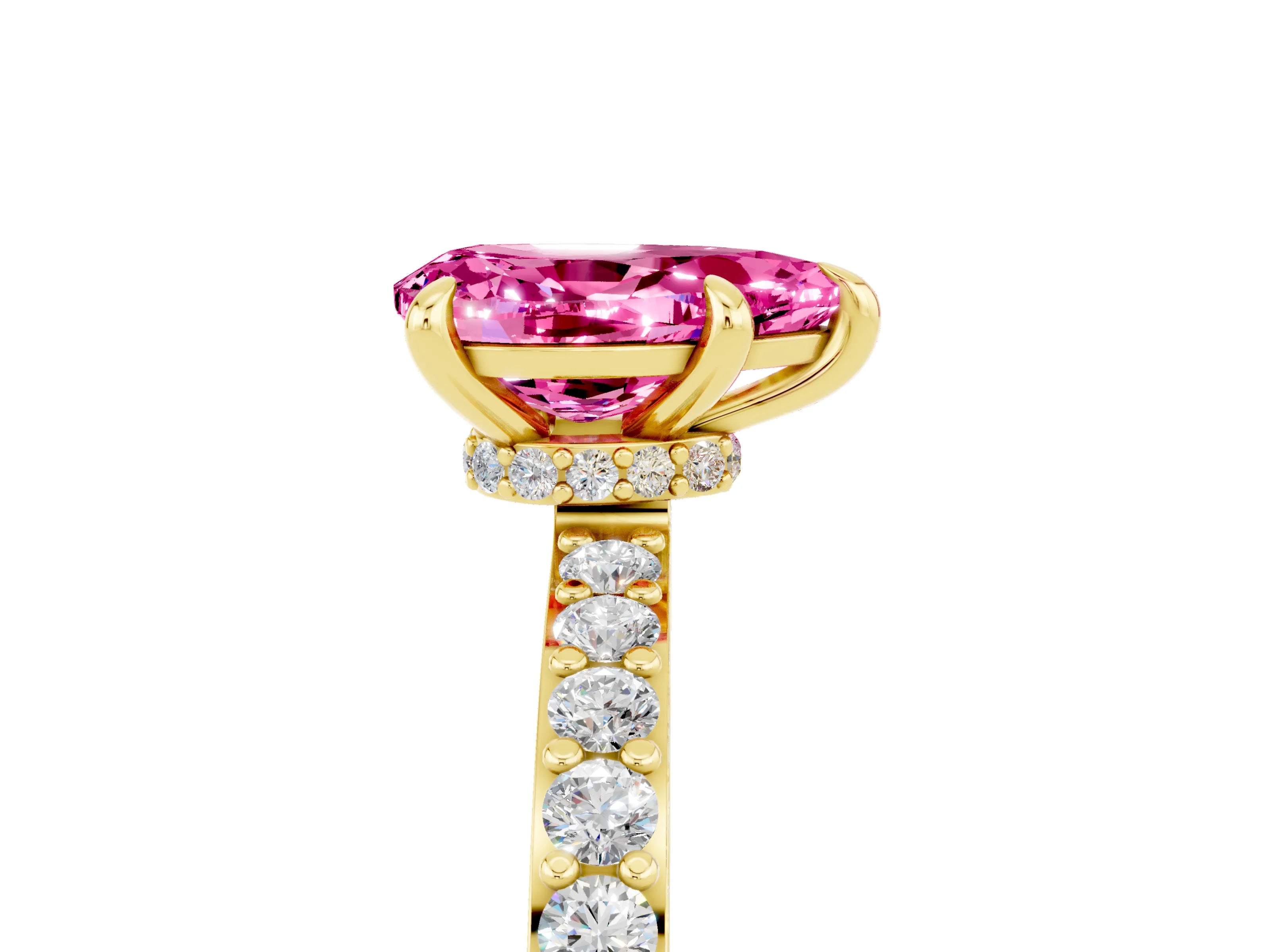 Yellow gold Pear Cut Pink Sapphire Ring with Pavé Band and Four-Prong Setting_29