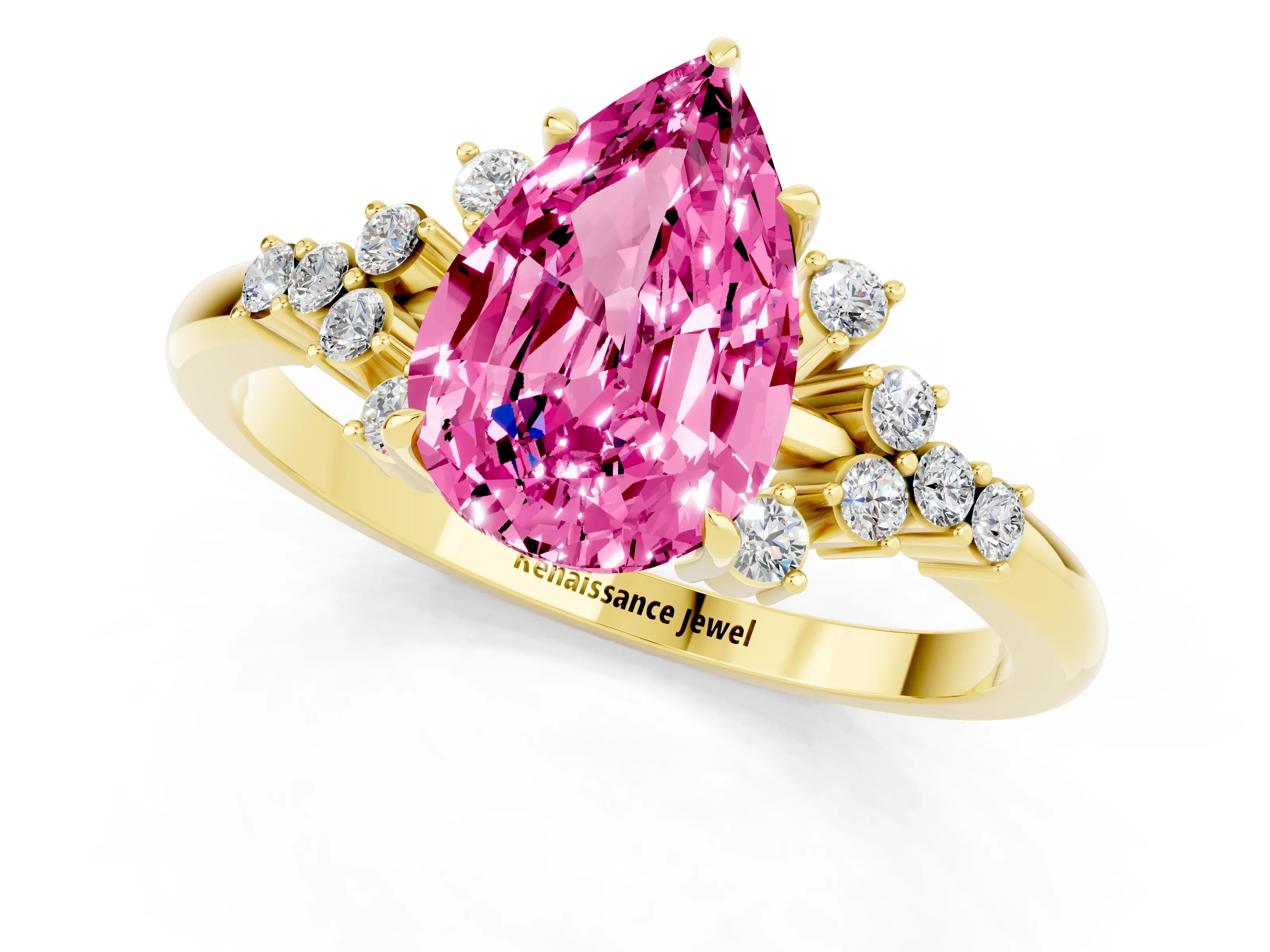 Yellow gold Pear Cut Pink Sapphire Ring with Side Stones and Four-Prong Setting_61