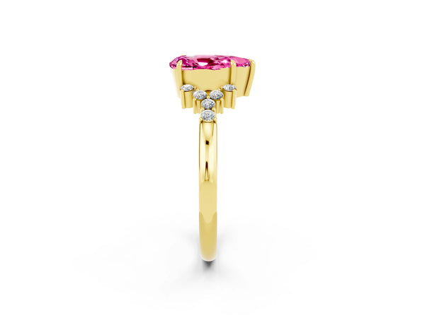 Yellow gold Pear Cut Pink Sapphire Ring with Side Stones and Four-Prong Setting