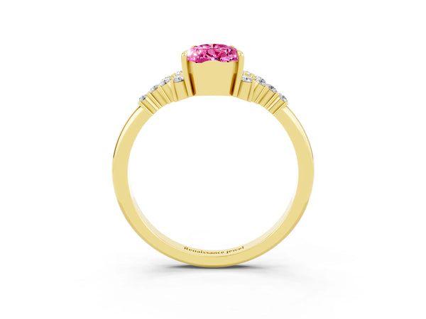 Yellow gold Pear Cut Pink Sapphire Ring with Side Stones and Four-Prong Setting