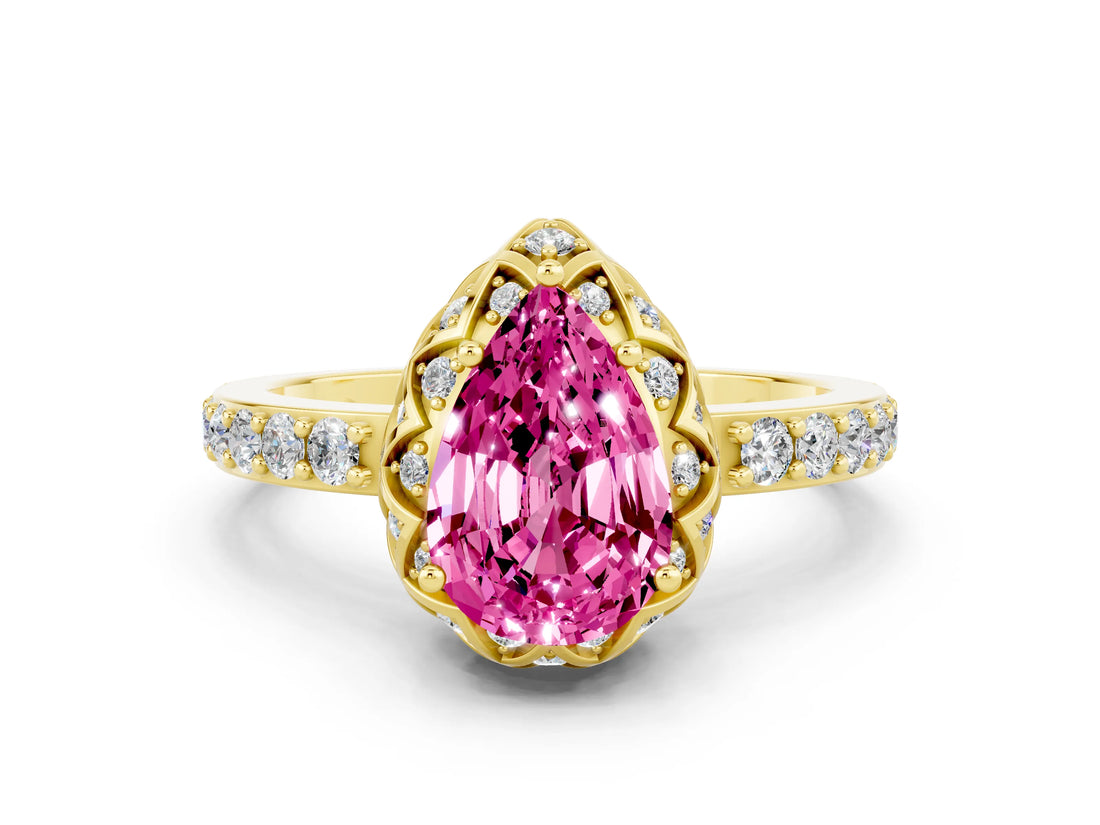 Yellow gold Pear Cut Pink Sapphire Scalloped Halo Engagement Ring with Round Shared Prong Band_24