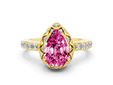 Yellow gold Pear Cut Pink Sapphire Scalloped Halo Engagement Ring with Round Shared Prong Band_24