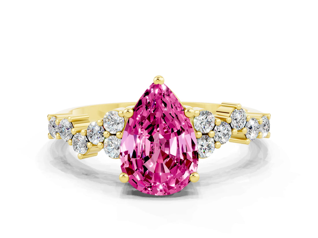 Yellow gold Pear Cut Pink Sapphire Scattered Round Accent Ring with Prong Setting_12