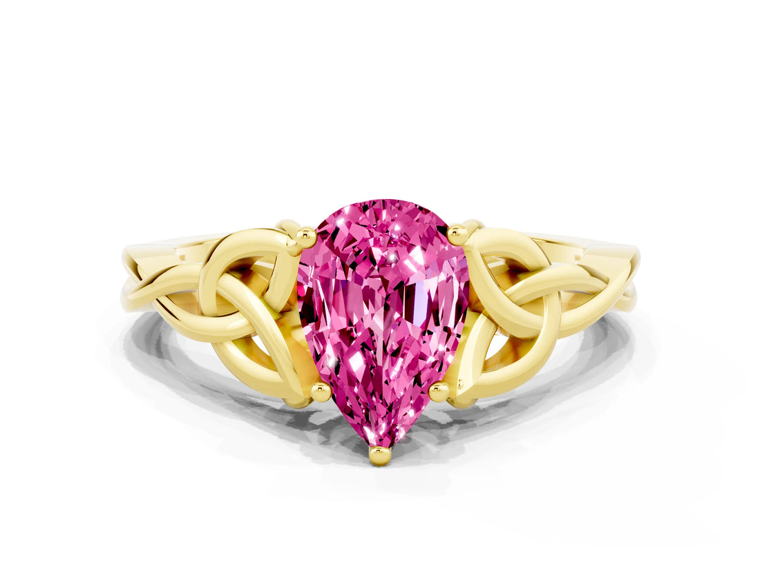Yellow gold Pear Cut Pink Sapphire Solitaire Celtic Knot Ring with Four-Prong Setting_36