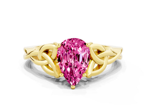 Yellow gold Pear Cut Pink Sapphire Solitaire Celtic Knot Ring with Four-Prong Setting_36
