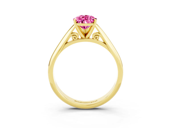 Yellow gold Pear Cut Pink Sapphire Solitaire Engagement Ring with Cathedral Setting and Four-Prong Mount