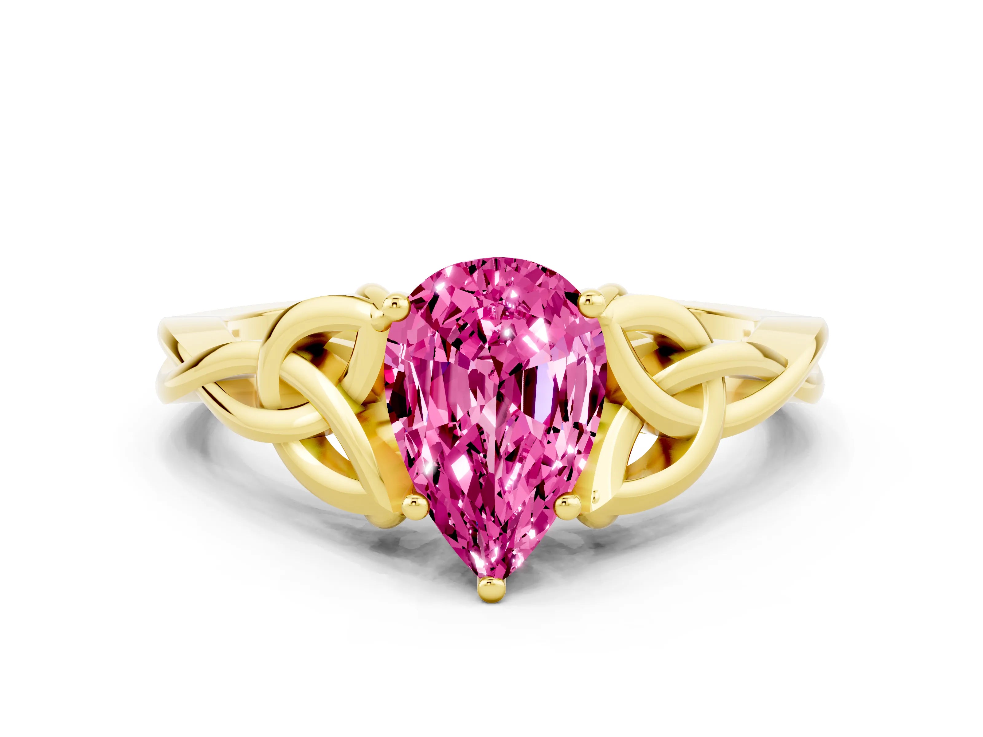 Yellow gold Pear Cut Pink Sapphire Solitaire Engagement Ring with Celtic Knot Band and Four-Prong Setting_24