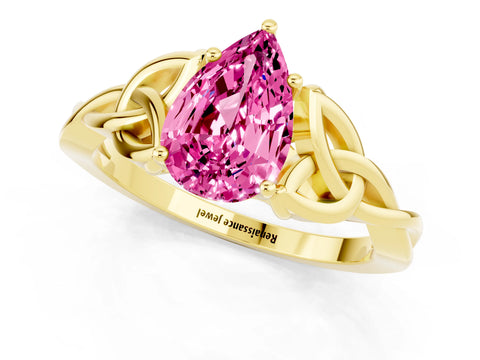 Yellow gold Pear Cut Pink Sapphire Solitaire Engagement Ring with Celtic Knot Band and Four-Prong Setting_25