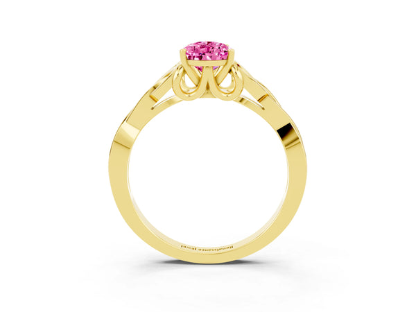 Yellow gold Pear Cut Pink Sapphire Solitaire Engagement Ring with Celtic Knot Band and Four-Prong Setting