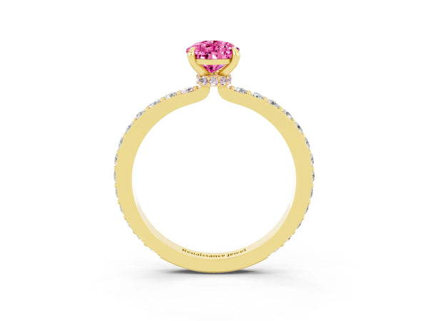 Yellow gold Pear Cut Pink Sapphire Solitaire Engagement Ring with Pavé Band and Four-Prong Setting