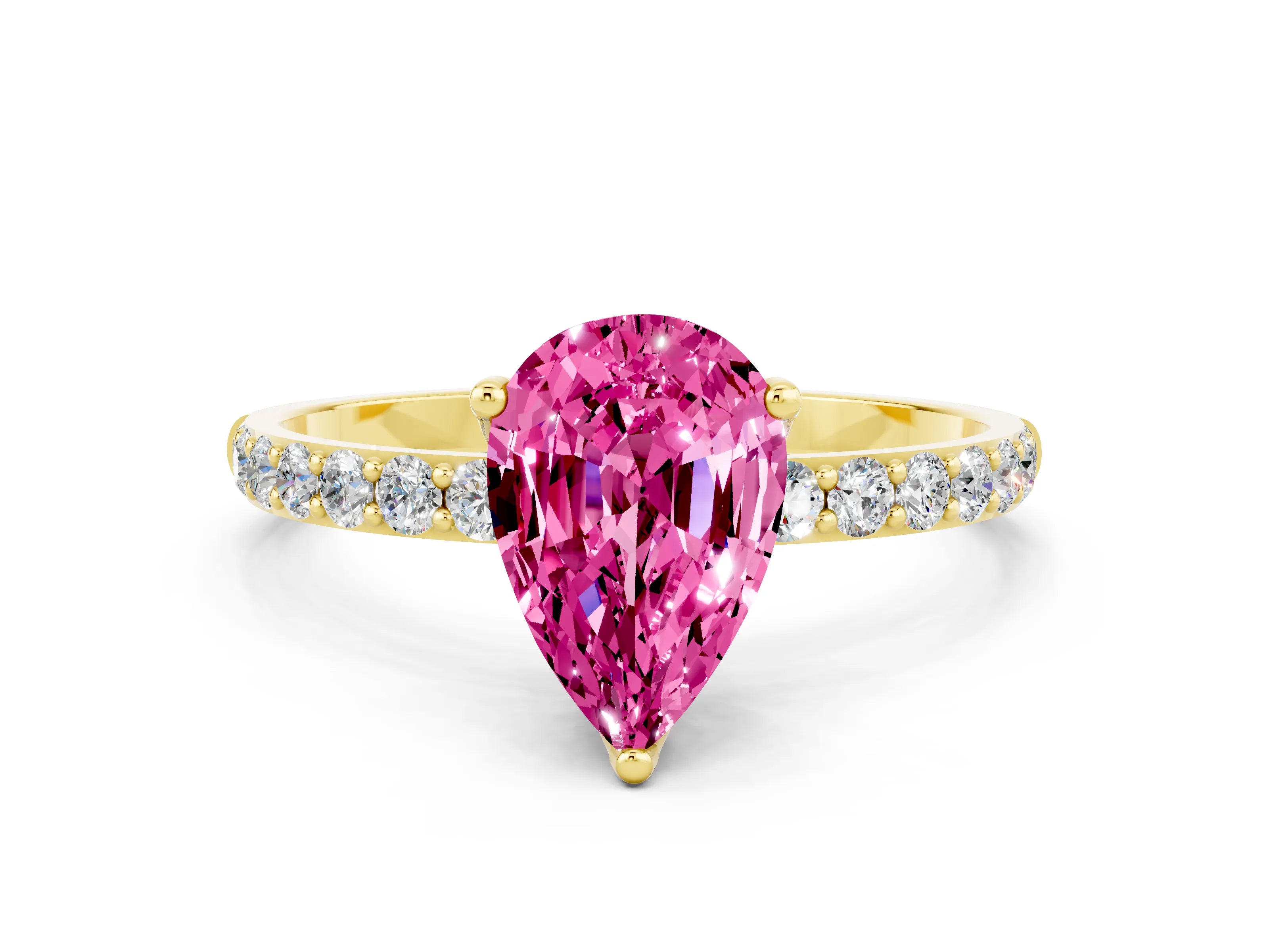 Yellow gold Pear Cut Pink Sapphire Solitaire Engagement Ring with Pavé Band and Prong Setting