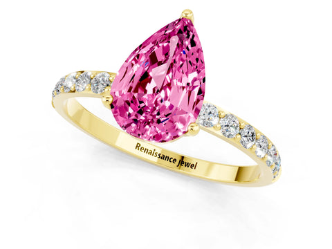 Yellow gold Pear Cut Pink Sapphire Solitaire Engagement Ring with Pavé Band and Prong Setting_1