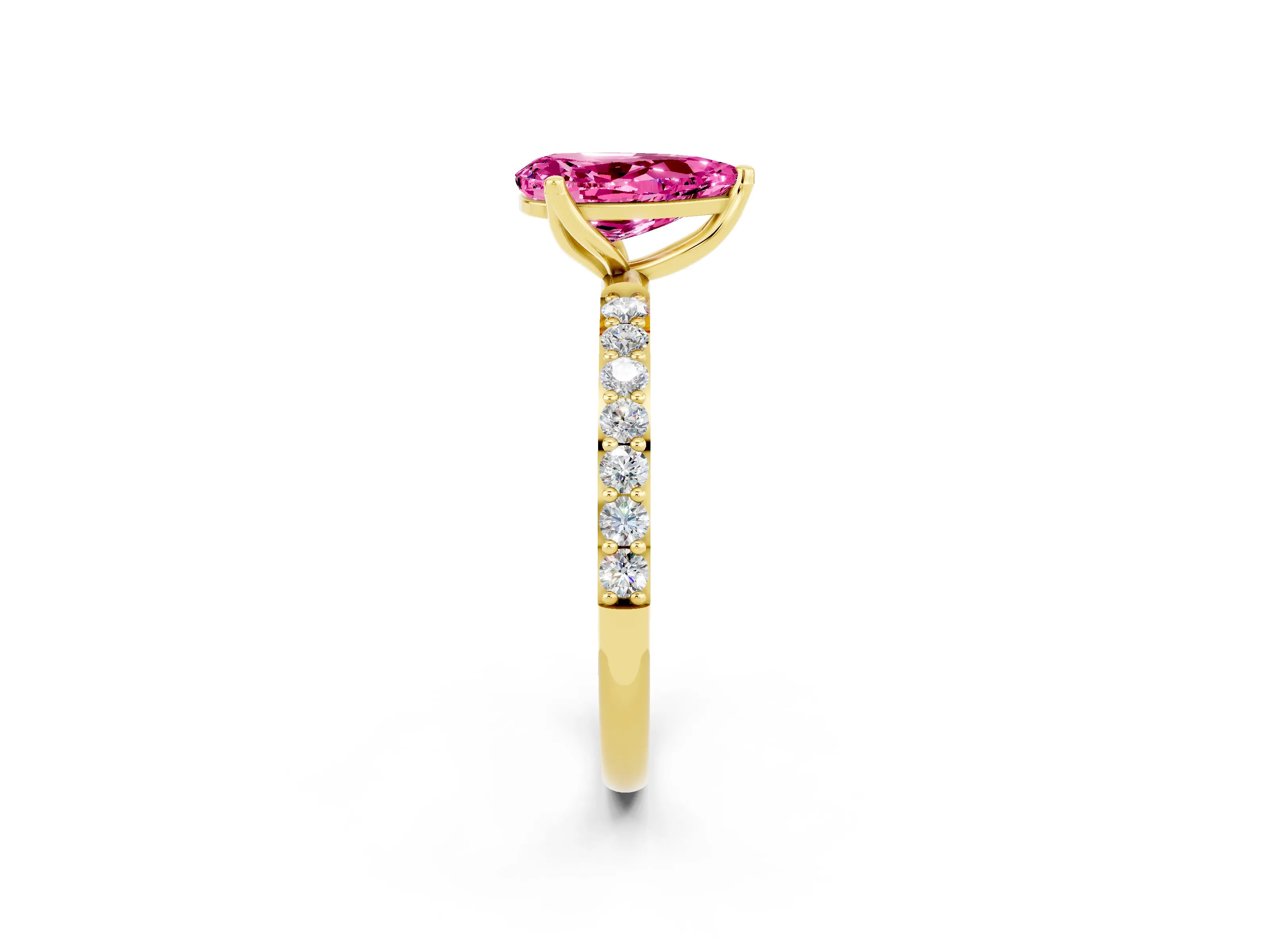 Yellow gold Pear Cut Pink Sapphire Solitaire Engagement Ring with Pavé Band and Prong Setting_2