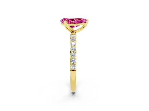 Yellow gold Pear Cut Pink Sapphire Solitaire Engagement Ring with Pavé Band and Prong Setting_2
