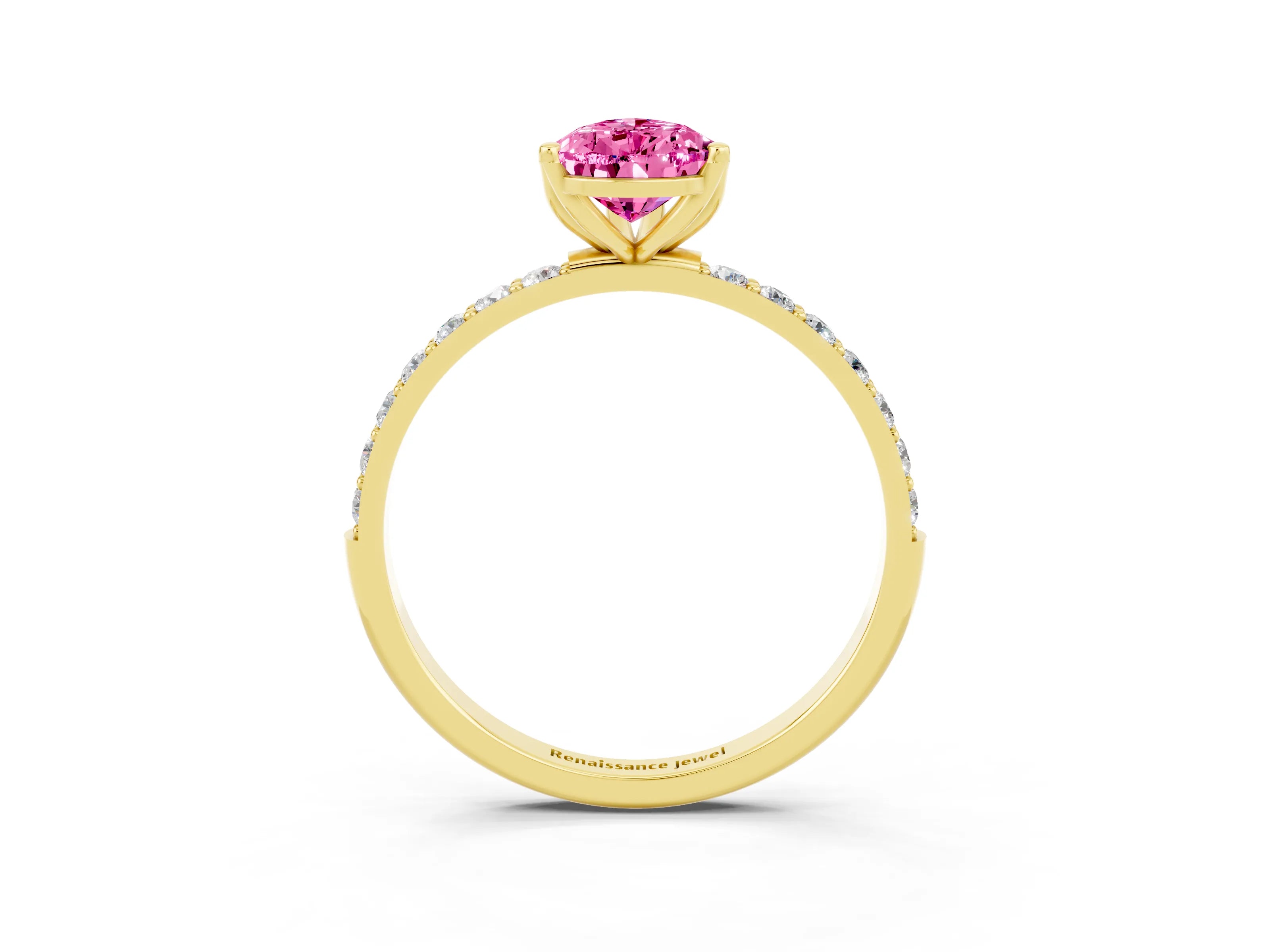 Yellow gold Pear Cut Pink Sapphire Solitaire Engagement Ring with Pavé Band and Prong Setting_3