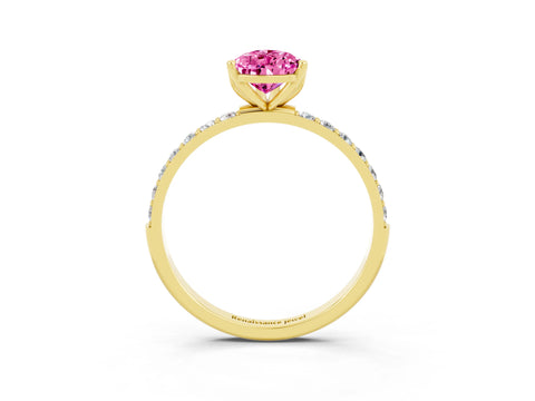 Yellow gold Pear Cut Pink Sapphire Solitaire Engagement Ring with Pavé Band and Prong Setting_3