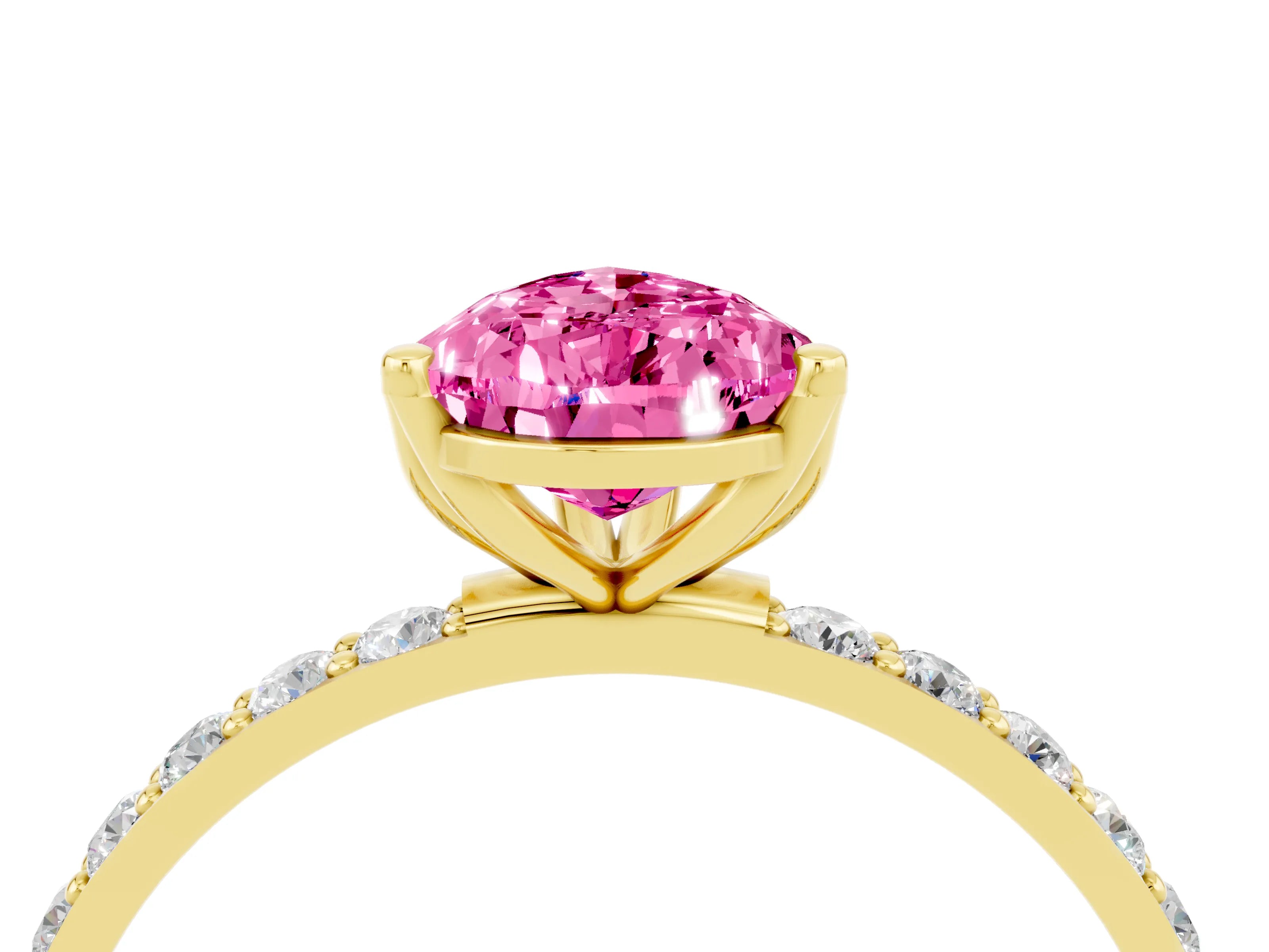 Yellow gold Pear Cut Pink Sapphire Solitaire Engagement Ring with Pavé Band and Prong Setting_4