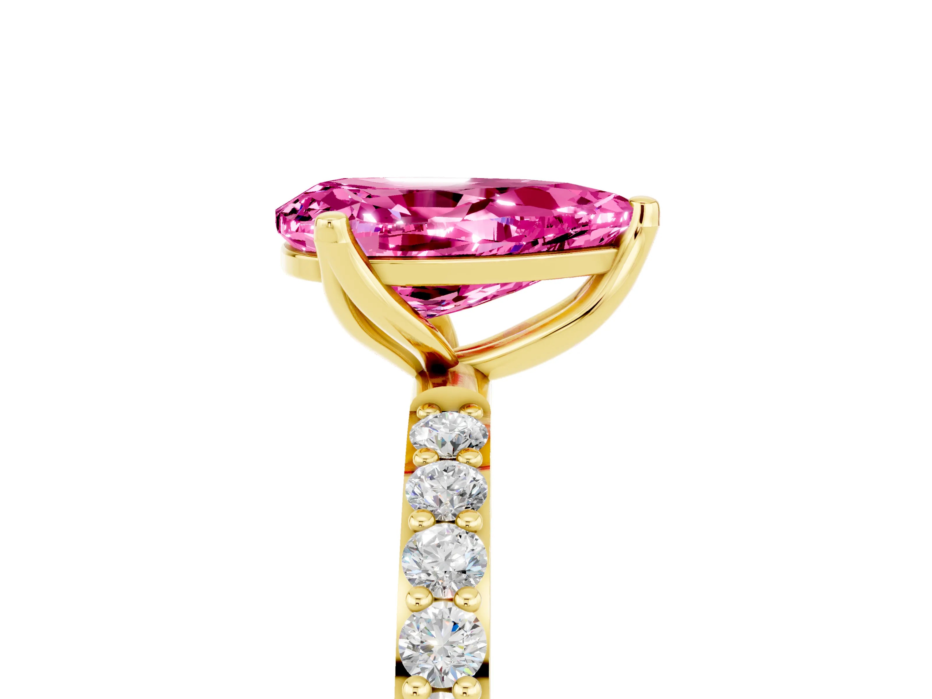 Yellow gold Pear Cut Pink Sapphire Solitaire Engagement Ring with Pavé Band and Prong Setting_5