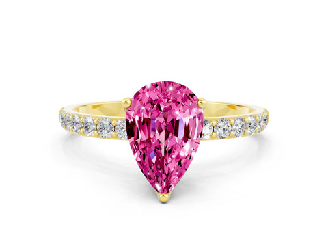 Yellow gold Pear Cut Pink Sapphire Solitaire Engagement Ring with Pavé Band and Prong Setting