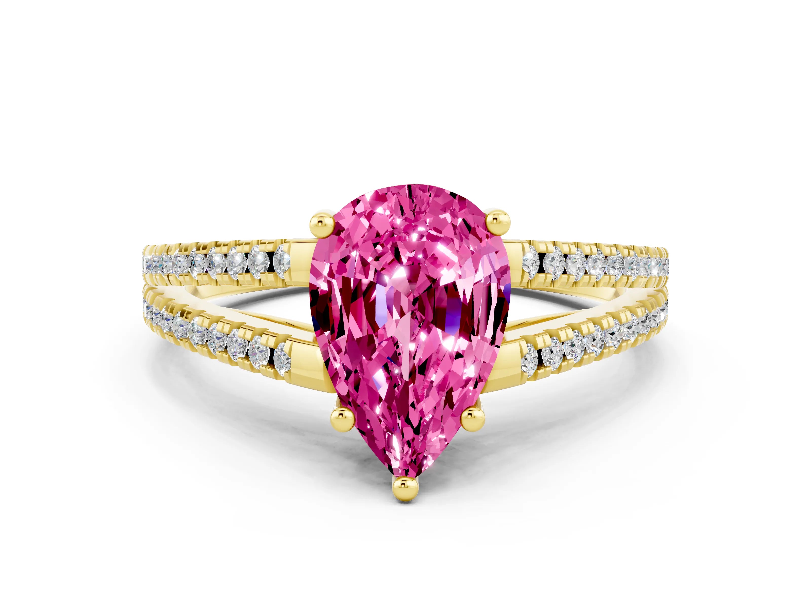 Yellow gold Pear Cut Pink Sapphire Solitaire Engagement Ring with Split Shank Pavé Band_12