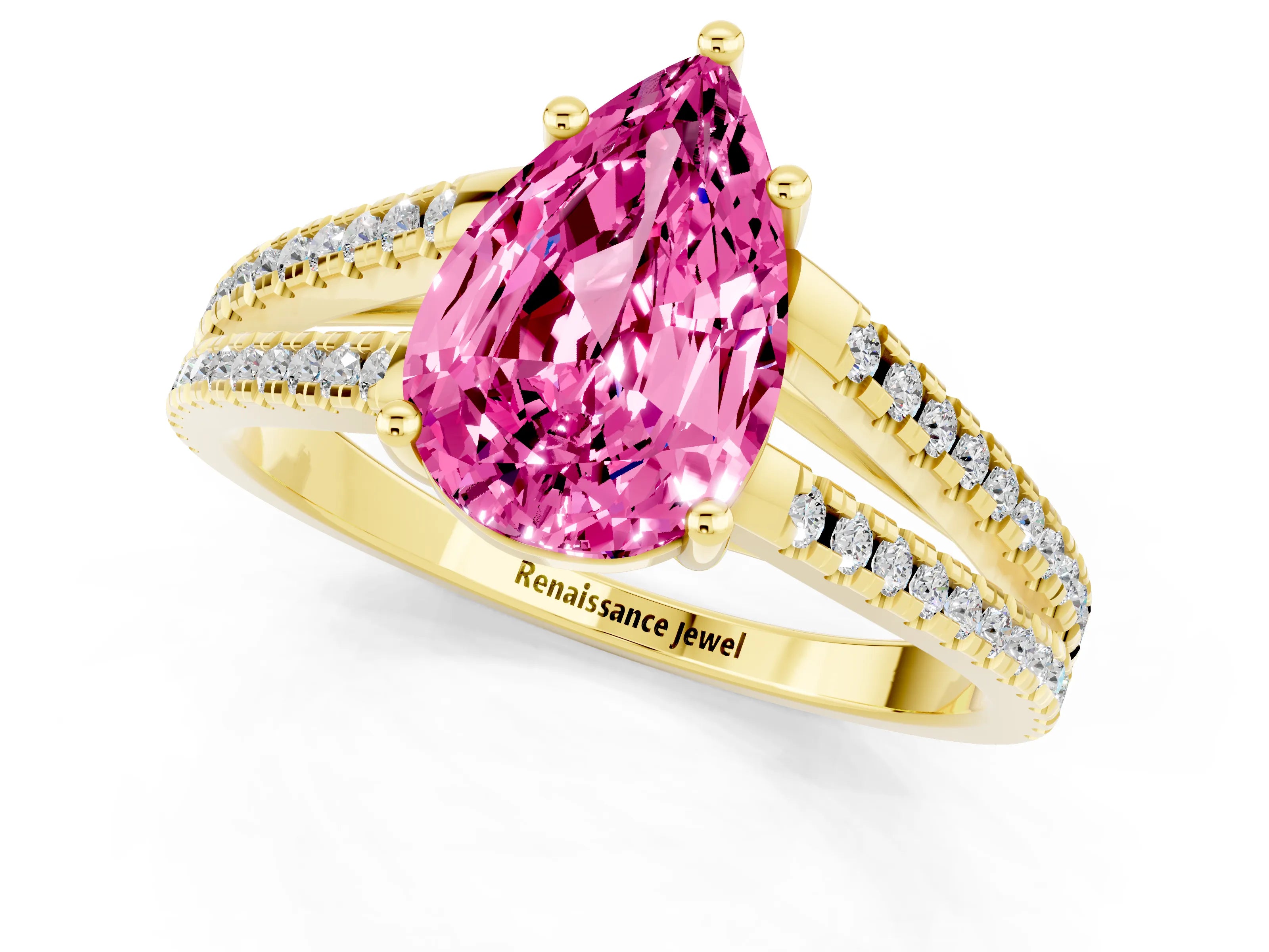 Yellow gold Pear Cut Pink Sapphire Solitaire Engagement Ring with Split Shank Pavé Band_13