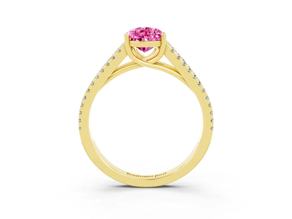Yellow gold Pear Cut Pink Sapphire Solitaire Engagement Ring with Split Shank Pavé Band