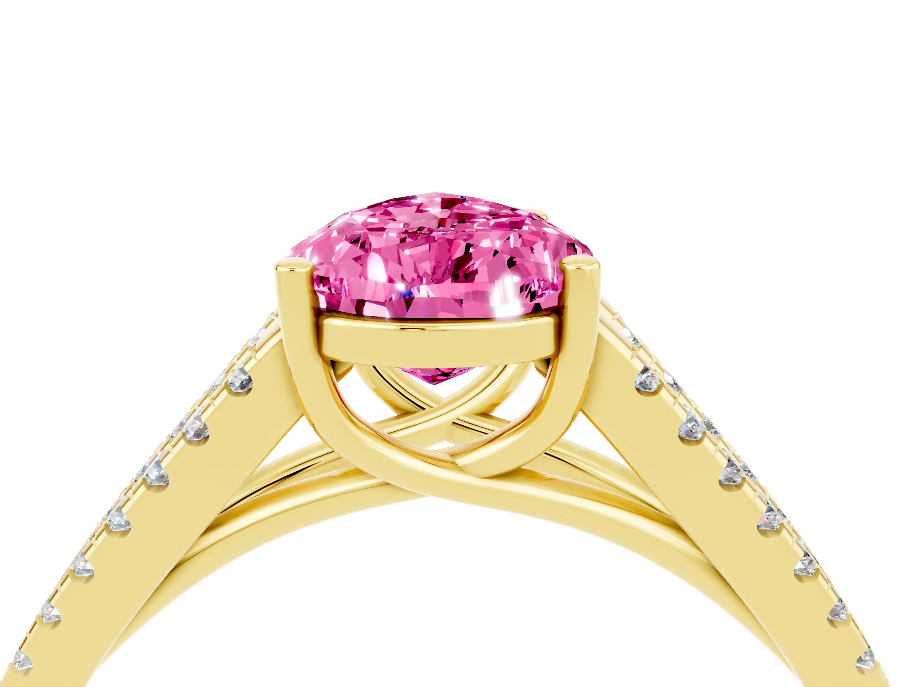 Yellow gold Pear Cut Pink Sapphire Solitaire Engagement Ring with Split Shank Pavé Band_16